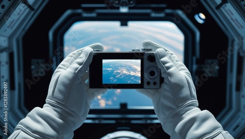Fototapeta Naklejka Na Ścianę i Meble -  hand, photography, photograph, astronaut, view from outer space, photograph of earth from outer space, photograph by astronaut, space station, photograph from space station, space station photo