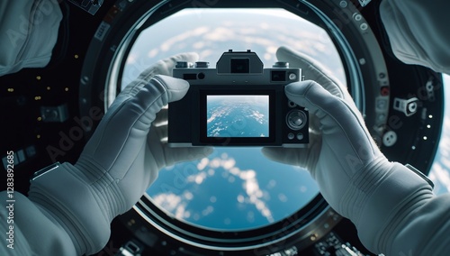 Fototapeta Naklejka Na Ścianę i Meble -  hand, photography, photograph, astronaut, view from outer space, photograph of earth from outer space, photograph by astronaut, space station, photograph from space station, space station photo