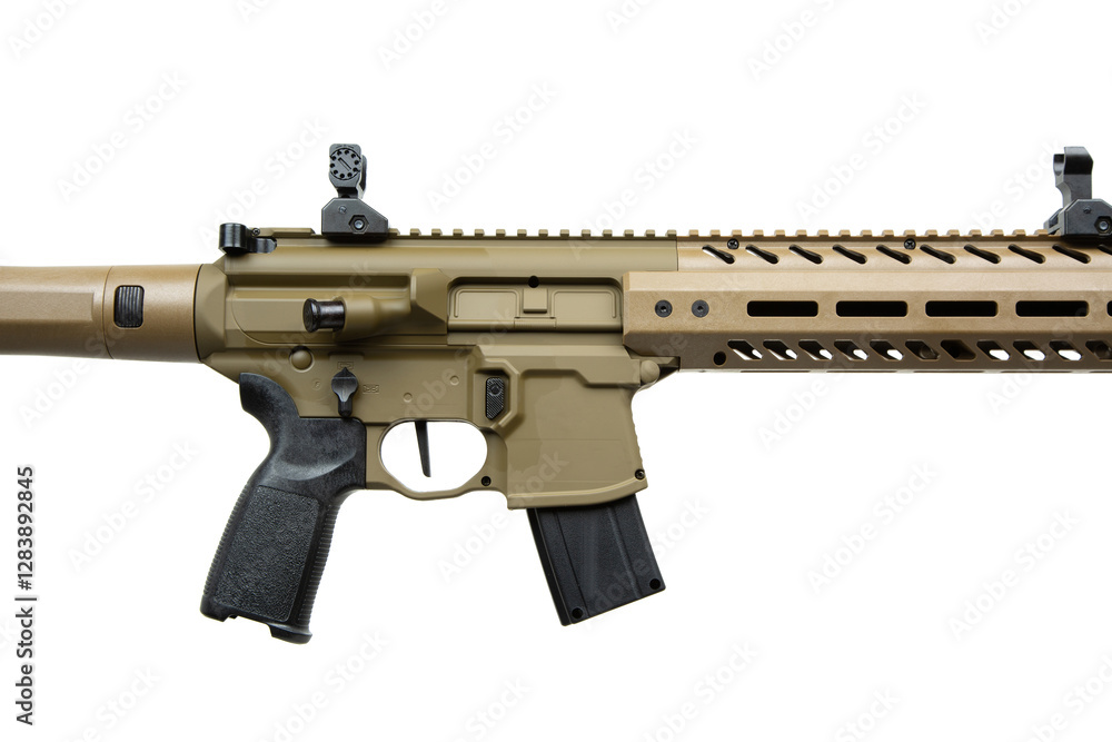 Close-up of an airsoft replica of a modern AR-style carbine, featuring tan and black color scheme, detailed grip, trigger, magazine, and rail system components, isolated on a white back\