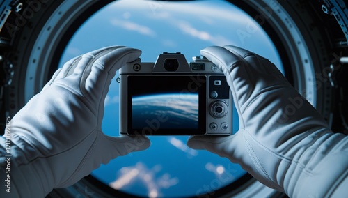 Fototapeta Naklejka Na Ścianę i Meble -  hand, photography, photograph, astronaut, view from outer space, photograph of earth from outer space, photograph by astronaut, space station, photograph from space station, space station photo