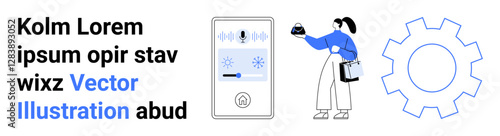User adjusting thermostat using voice assistant device, large gear symbolizing system interface. Ideal for technology, automation, innovation, smart homes, interfaces, energy efficiency, flat landing