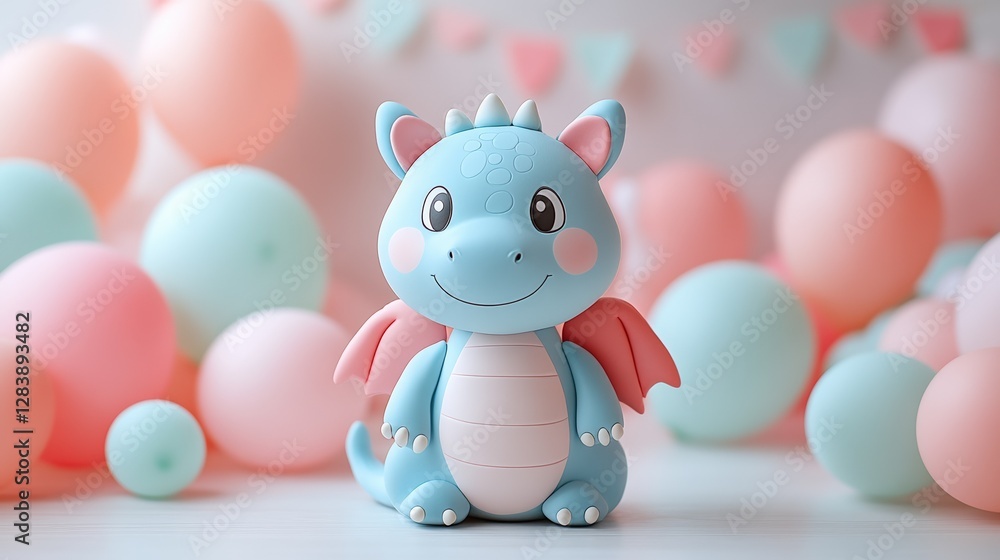 Cute blue dragon toy with pink wings surrounded by pastel balloons, perfect for children's parties and celebrations, playful decor concept Cute blue dragon toy with pink wings surrounded by pastel balloons, perfect for children's parties and celebrations, playful decor concept