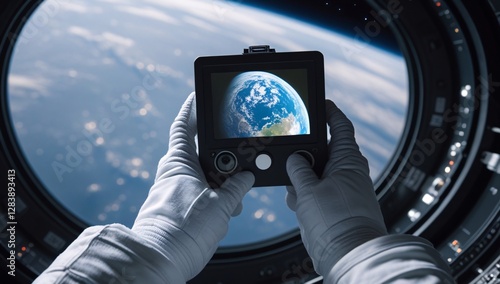 Fototapeta Naklejka Na Ścianę i Meble -  hand, photography, photograph, astronaut, view from outer space, photograph of earth from outer space, photograph by astronaut, space station, photograph from space station, space station photo