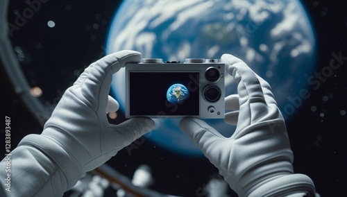 Fototapeta Naklejka Na Ścianę i Meble -  hand, photography, photograph, astronaut, view from outer space, photograph of earth from outer space, photograph by astronaut, space station, photograph from space station, space station photo