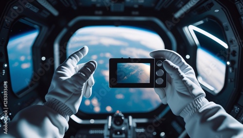 Fototapeta Naklejka Na Ścianę i Meble -  hand, photography, photograph, astronaut, view from outer space, photograph of earth from outer space, photograph by astronaut, space station, photograph from space station, space station photo