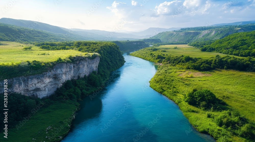 Serene River Flowing Through Lush Green Valleys and Hills