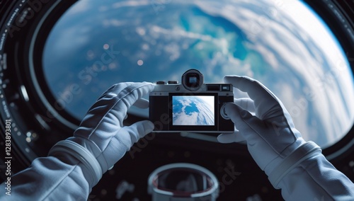 Fototapeta Naklejka Na Ścianę i Meble -  hand, photography, photograph, astronaut, view from outer space, photograph of earth from outer space, photograph by astronaut, space station, photograph from space station, space station photo