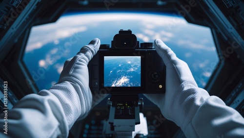 Fototapeta Naklejka Na Ścianę i Meble -  hand, photography, photograph, astronaut, view from outer space, photograph of earth from outer space, photograph by astronaut, space station, photograph from space station, space station photo