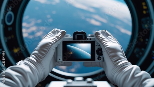 Fototapeta Naklejka Na Ścianę i Meble -  hand, photography, photograph, astronaut, view from outer space, photograph of earth from outer space, photograph by astronaut, space station, photograph from space station, space station photo
