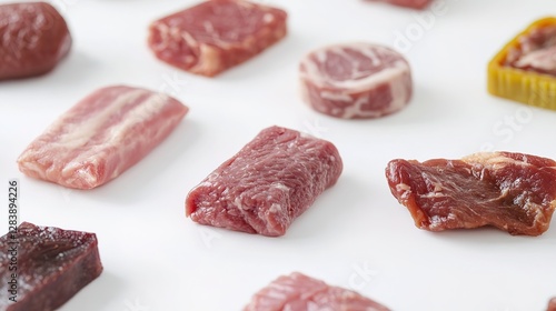  Meat pieces of various sizes on a white background, top view, photography. 