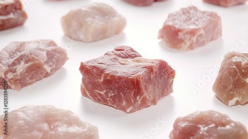  Meat pieces of various sizes on a white background, top view, photography. 