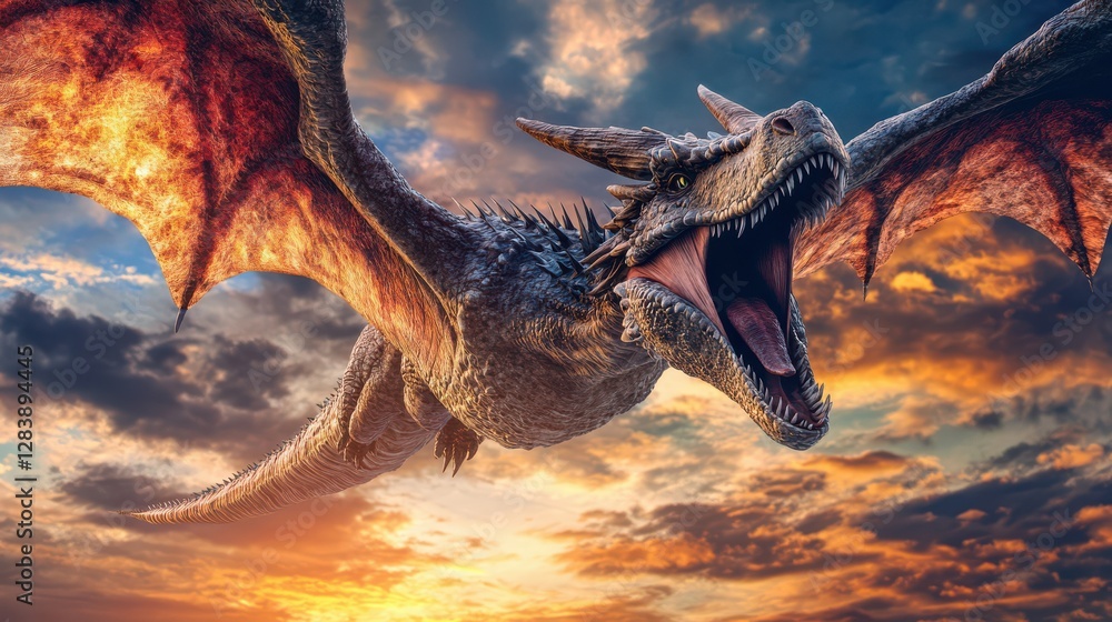 Obraz premium Majestic dragon soaring in fiery sunset sky with spread wings