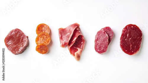  Meat pieces of various sizes on a white background, top view, photography. 