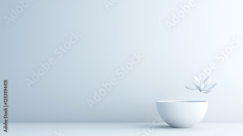 Serene White Bowl with Floating Leaf on Soft Blue Background for Calm and Tranquil Atmosphere