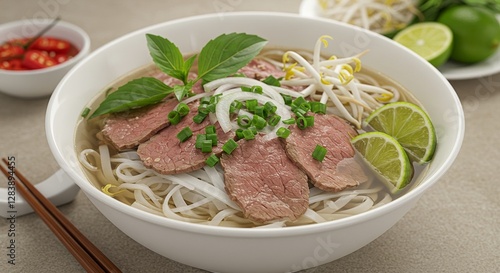 Authentic vietnamese pho served in a white bowl with fresh herbs and lime