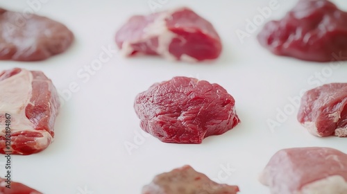 Meat pieces of various sizes on a white background, top view, photography. 