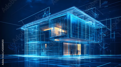 Fototapeta Naklejka Na Ścianę i Meble -  Digital construction building information modeling bim concept with 3d model and blueprints. Nightmarish Shapeshifting Figure. Illustration