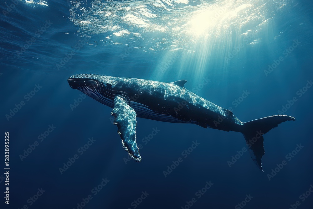 Fototapeta premium Majestic Humpback Whale Underwater Sunlight Ocean Deep Blue