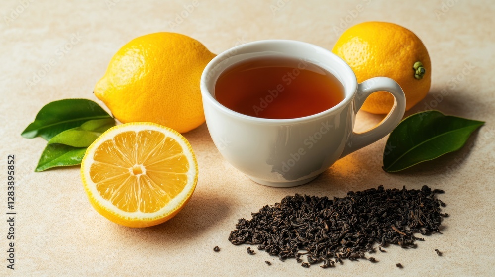 A cup of black tea with lemon slices and loose tea leaves on a beige surface. A cup of black tea with lemon slices and loose tea leaves on a beige surface.