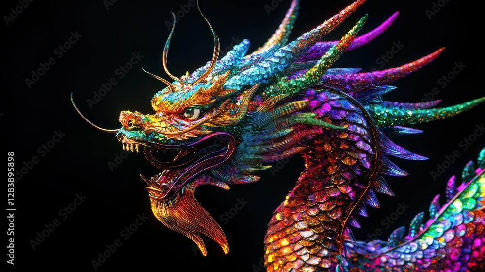 Vibrant multicolored dragon with detailed scales and fierce expression Vibrant multicolored dragon with detailed scales and fierce expression