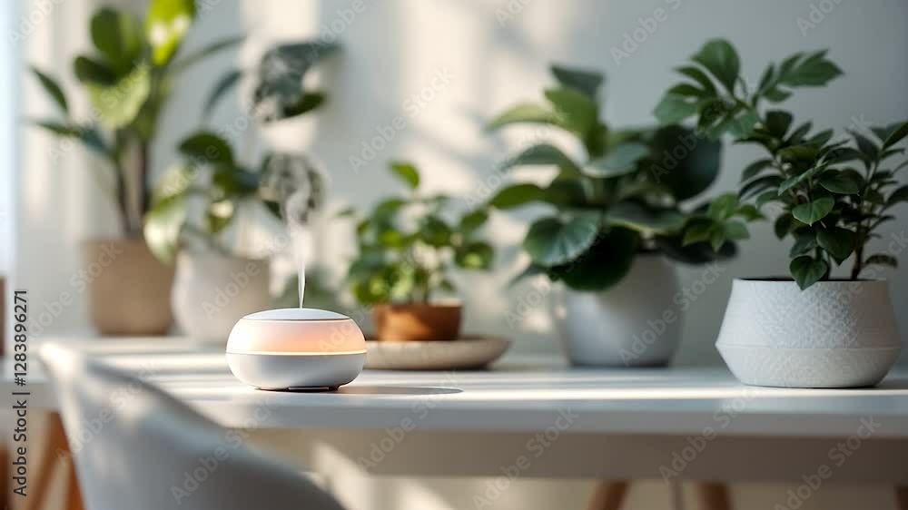 Aromatherapy diffuser on table with plants, sunlight, home interior Aromatherapy diffuser on table with plants, sunlight, home interior