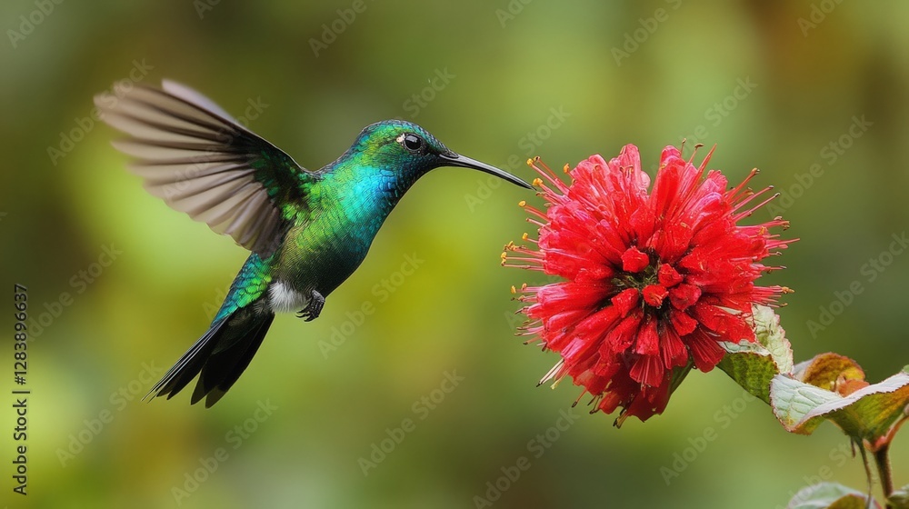 Hummingbird feeding on vibrant red flower lush garden nature photography close-up view captivating moment