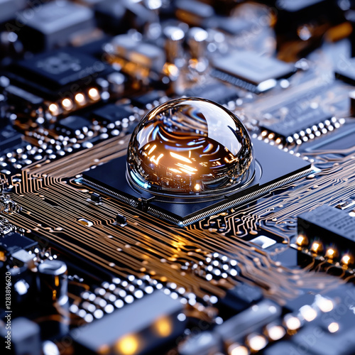 Futuristic microchip with glowing circuits and reflective sphere, symbolizing the future of automation, smart systems and digital transformation in advanced computing