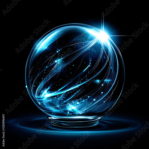 Futuristic glowing crystal ball with swirling blue energy, symbolizing digital prophecy, artificial intelligence and advanced technology in a cyber inspired concept
