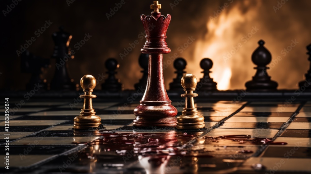 Chess battle unfolds dark arena digital artwork mysterious setting dramatic perspective strategy and power