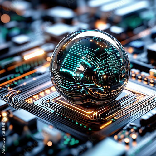 Futuristic artificial intelligence concept with glowing circuits on metallic sphere placed on microchip, symbolizing advanced technology, machine learning and digital innovation