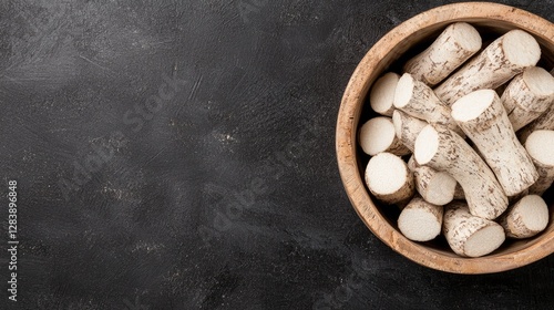 Fresh root vegetables in wooden bowl on dark background.  Possible use Food photography, stock photo for healthy eating, cooking photo