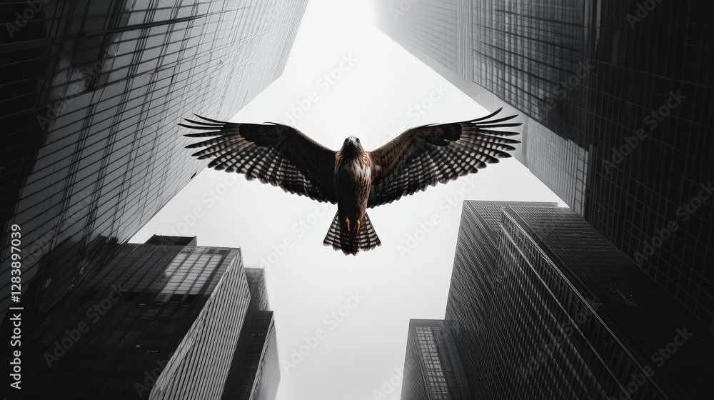 Majestic hawk soaring between skyscrapers urban landscape aerial view nature's elegance in concrete jungle