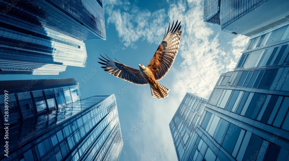 Majestic hawk soaring between skyscrapers urban cityscape aerial photography bright blue sky low angle freedom in nature