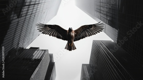 Obraz na płótnie Majestic hawk soaring between skyscrapers urban landscape aerial view nature's elegance in concrete jungle w salonie