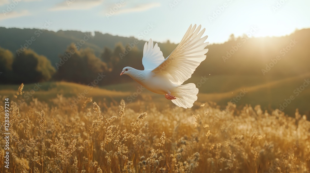 Dove in flight over golden field at sunset nature photography serene environment inspirational viewpoint