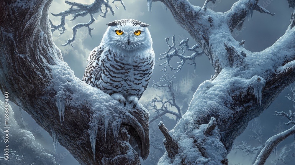 Majestic owl in snowy forest wildlife photography serene winter wonderland close-up perspective nature's beauty