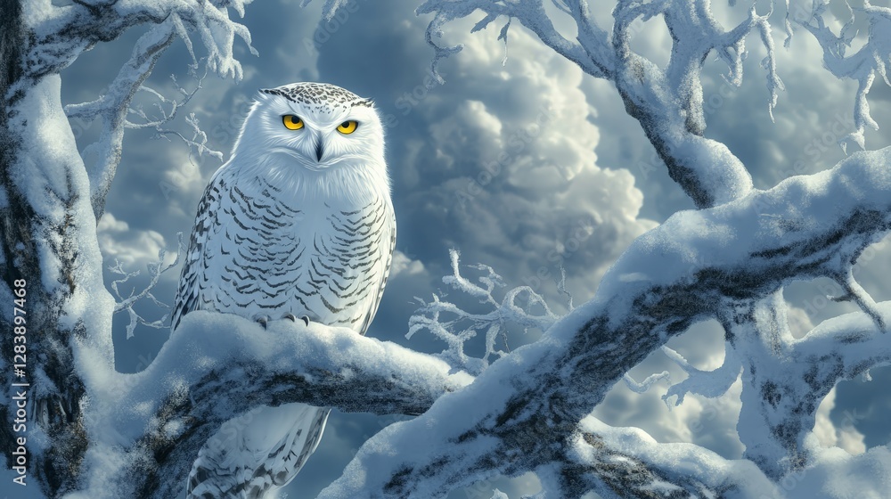 Majestic snowy owl perched on branches winter wonderland wildlife photography snowy landscape close-up nature beauty