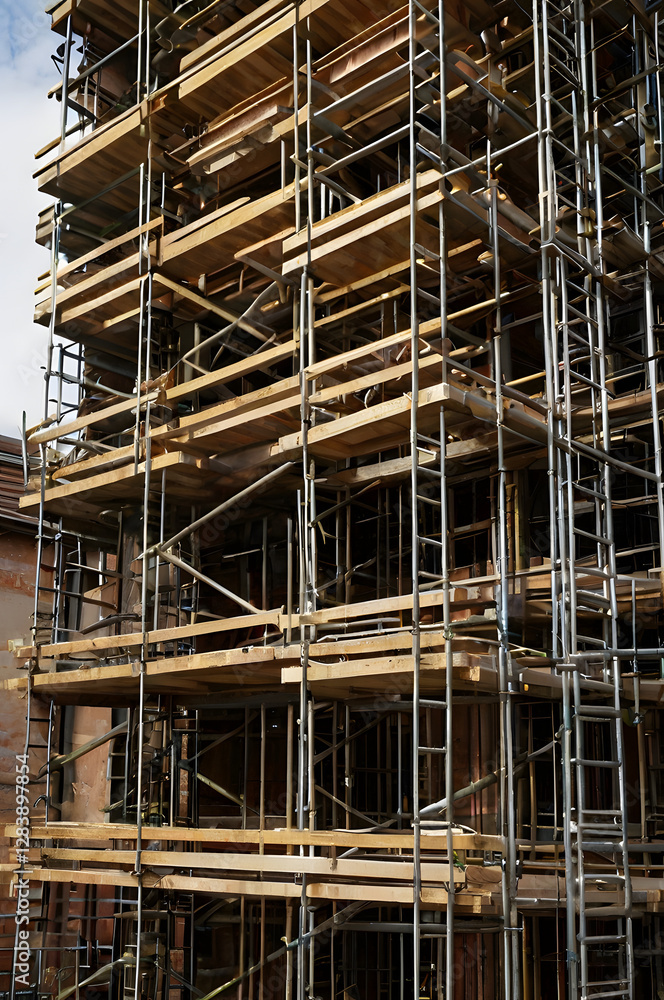 Construction Site: The towering scaffolding envelops a building under construction, a complex network of steel and wooden planks against the sky. Construction Site: The towering scaffolding envelops a building under construction, a complex network of steel and wooden planks against the sky.