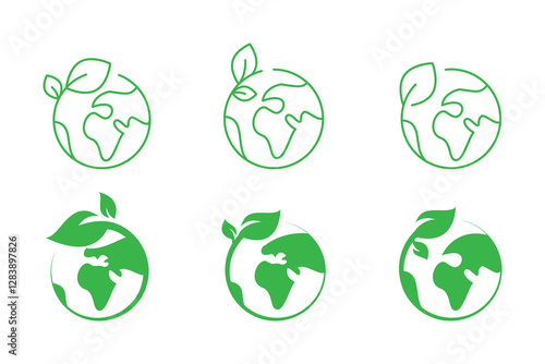 Six green earth icons with leaves suitable for environmental websites