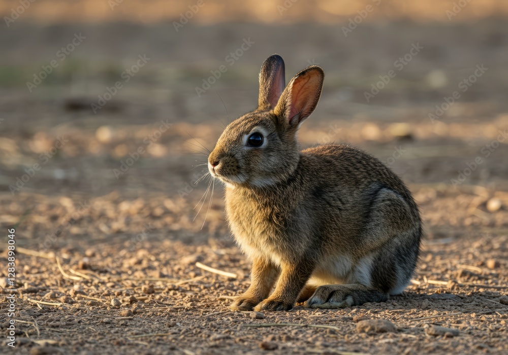 Cute Wild Rabbit Sitting on Dry Ground at Sunset Cute Wild Rabbit Sitting on Dry Ground at Sunset