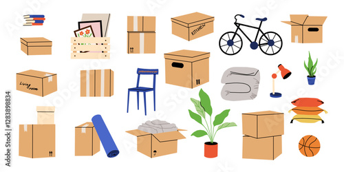 Cardboard boxes, interior things. Moving home service. Carton package with plant, bicycle and books. House relocation. package heap and pile. Storage shipping cartoon flat isolated vector illustration