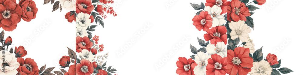 custom made wallpaper toronto digitalVibrant red and white floral pattern with blooming flowers leaves and botanical elements on a light background  Elegant and romantic vintage style design for spring or summer season
