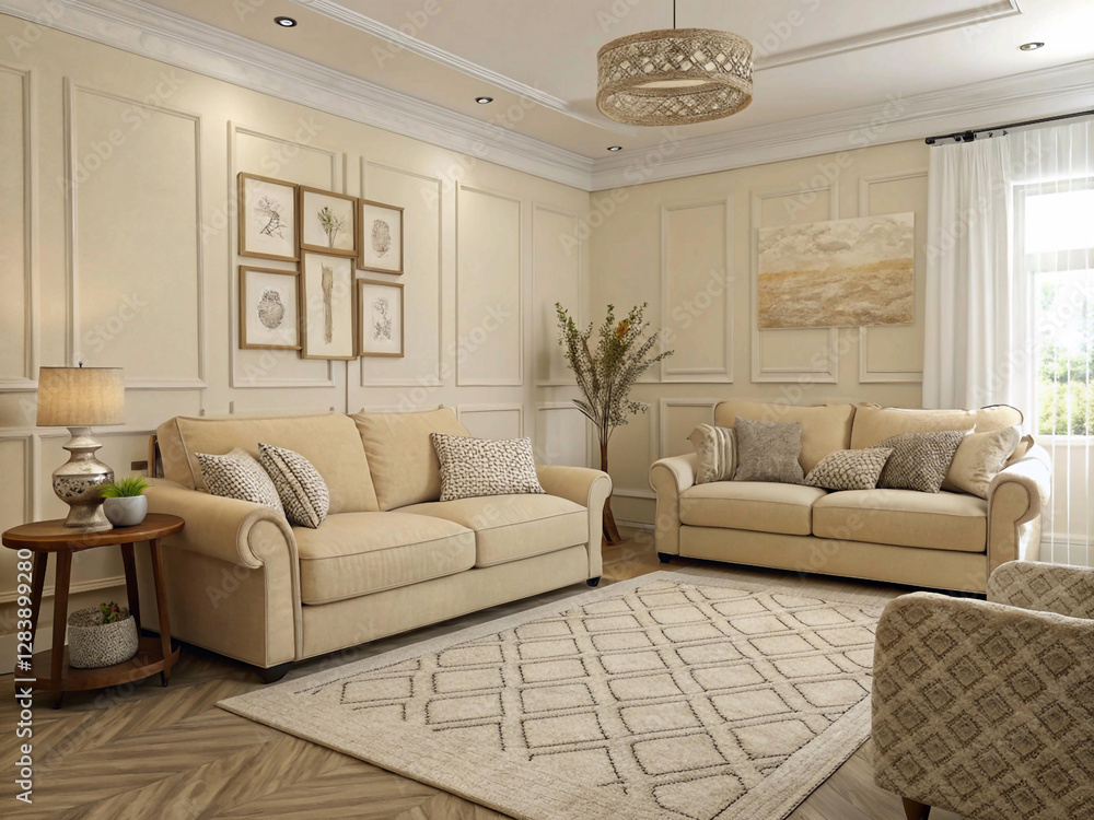 Fototapeta premium Sophisticated and inviting, this living room combines classic architectural elements with comfortable furniture and soft lighting, creating a stylish and welcoming space