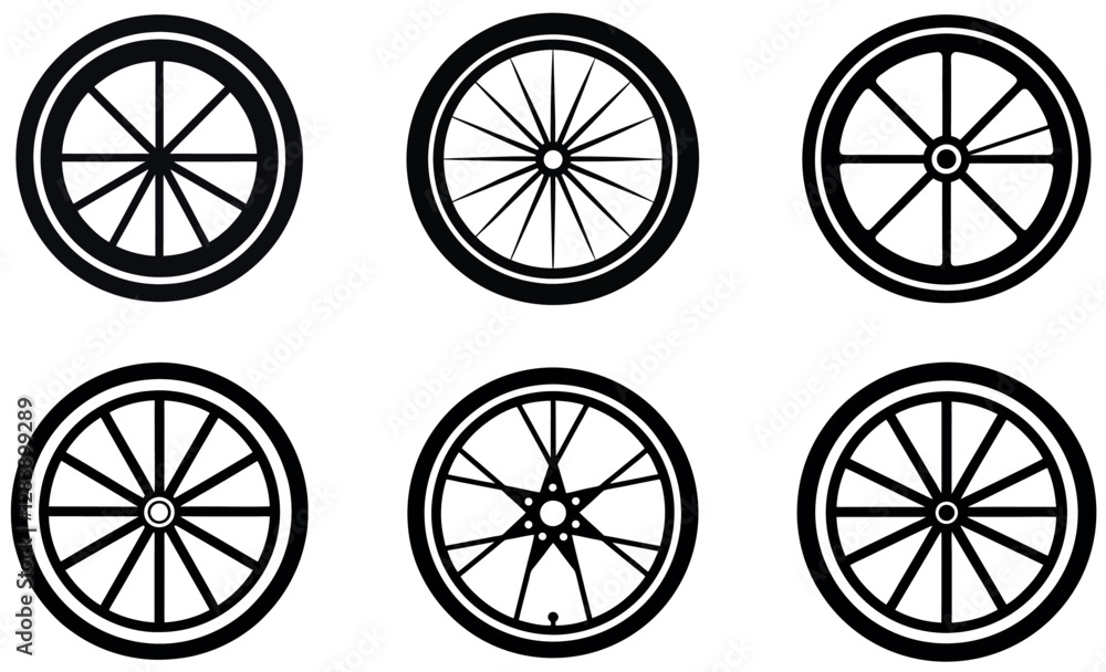This graphic features six different wheel designs, all in black and white, set against a plain background. This graphic features six different wheel designs, all in black and white, set against a plain background.