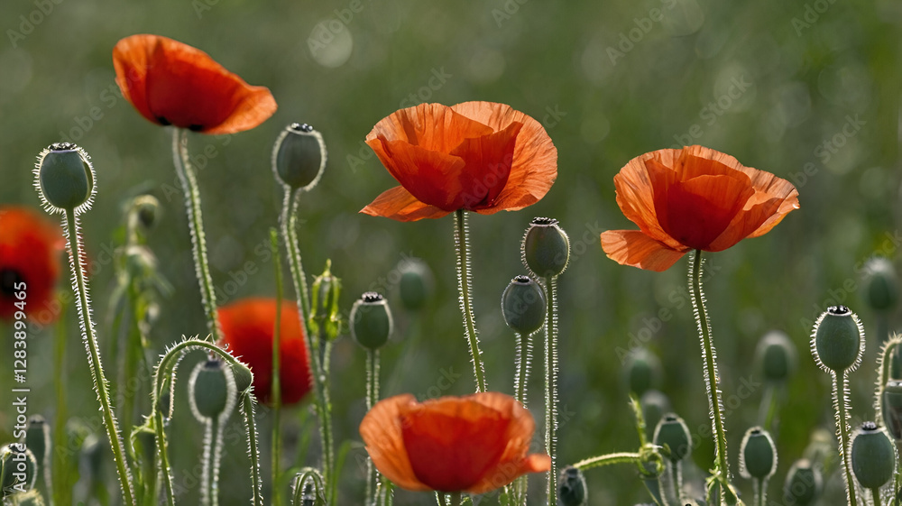 Obraz premium Corn poppies Papaver rheas bud flower poppy Red poppies in a close-up with a green, natural background, borken, münsterland, germany,