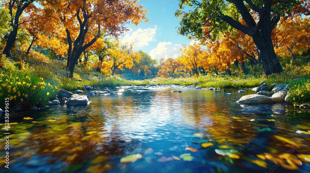 Fototapeta premium Autumn stream flows through golden forest; peaceful nature scene for calendar or website