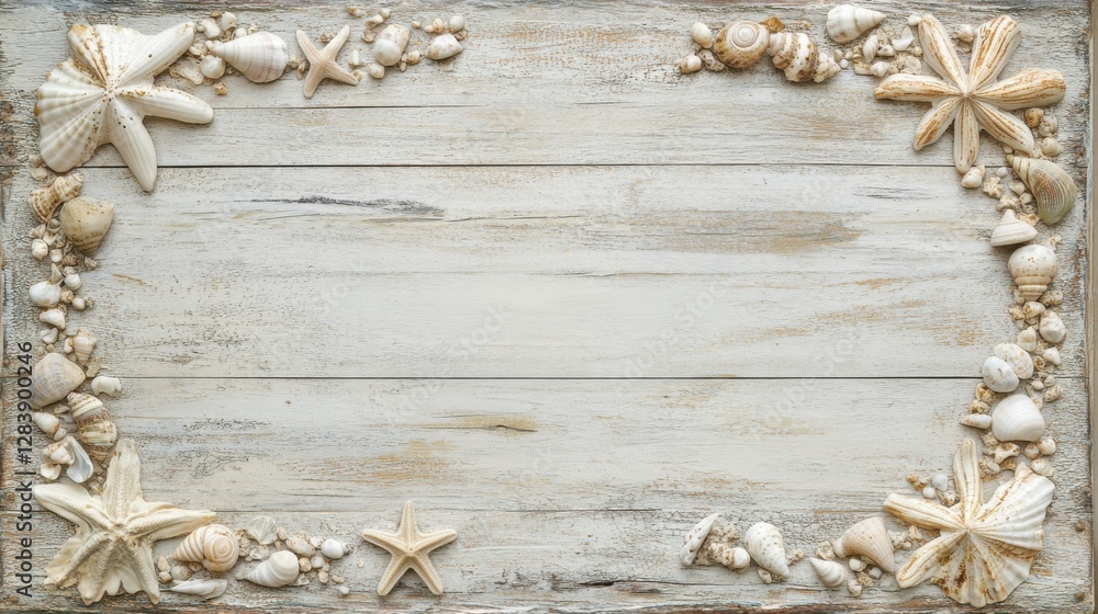 seashell border on whitewashed wood seashell border on whitewashed wood