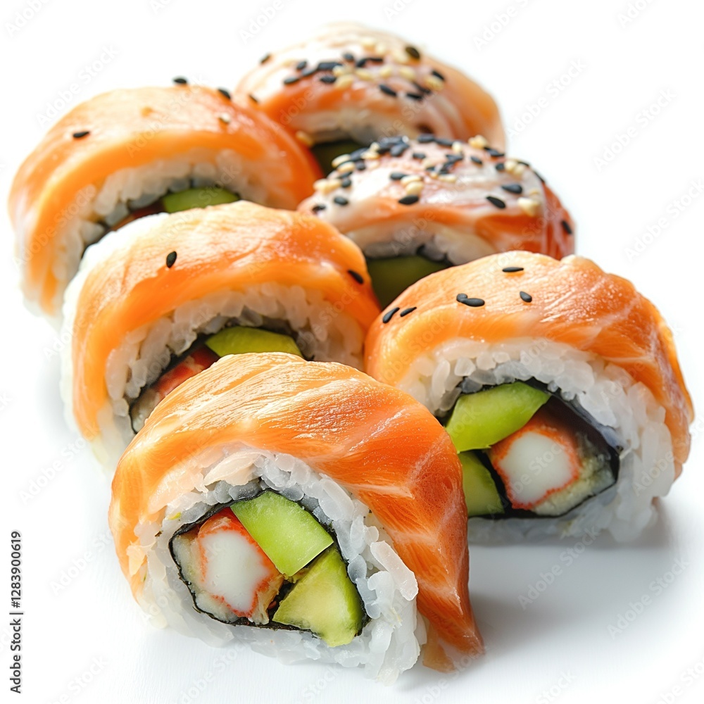 Delicious sushi rolls featuring fresh salmon, crab, and cucumber, beautifully presented on a clean white background.