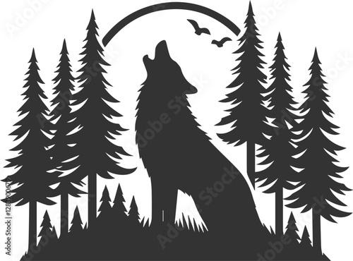 A wolf howling in a dense forest with tall trees vector animal silhouette