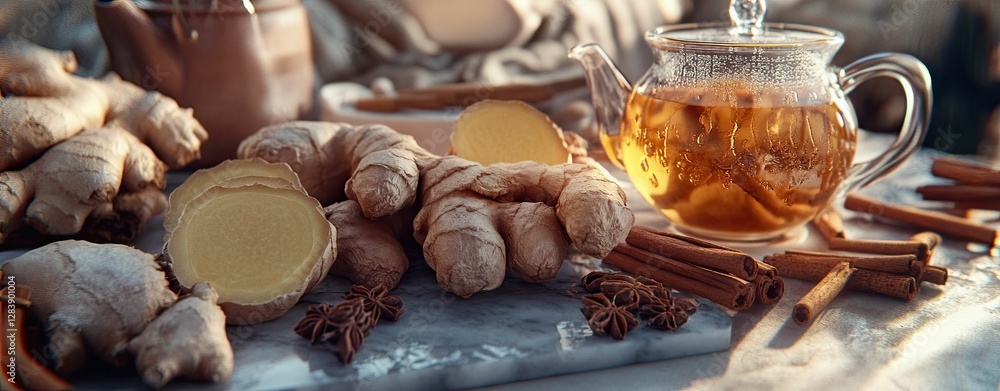 Fresh ginger root and cinnamon sticks on marble